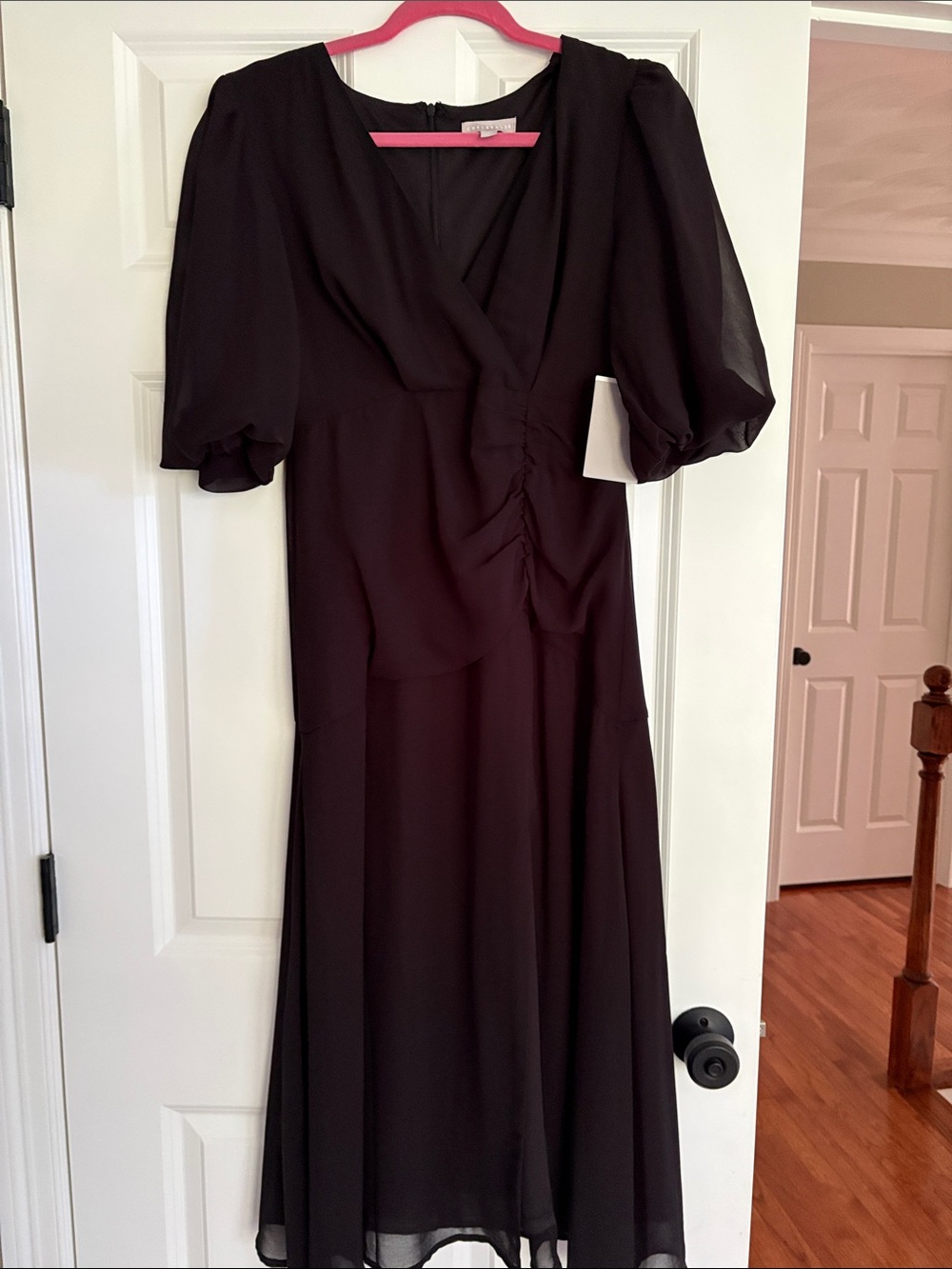 Chelsea28 Black Midi Dress with V-Neck and Puff Sleeves